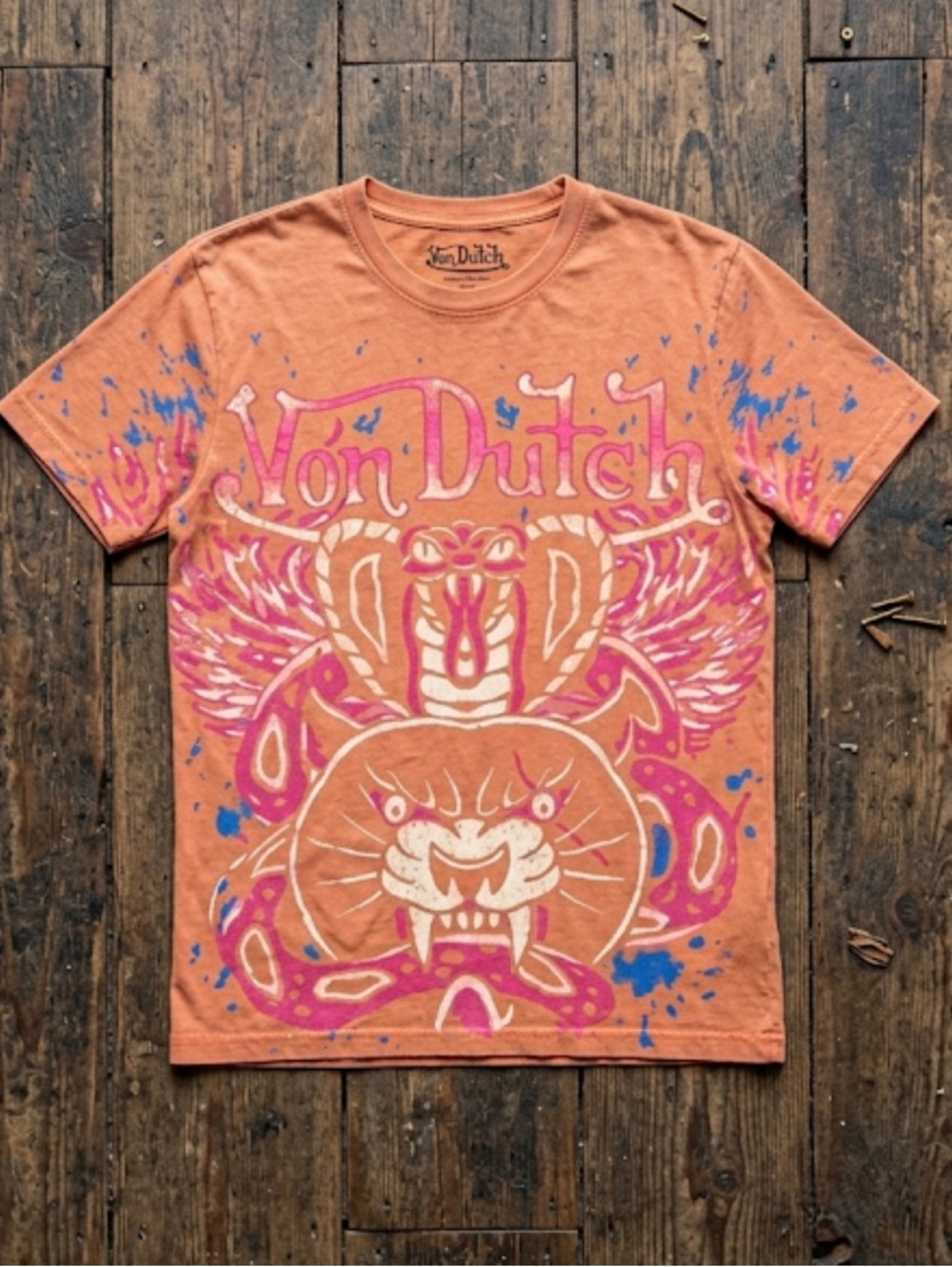 Von Dutch Vibrant Orange Tee with Tiger and Snake